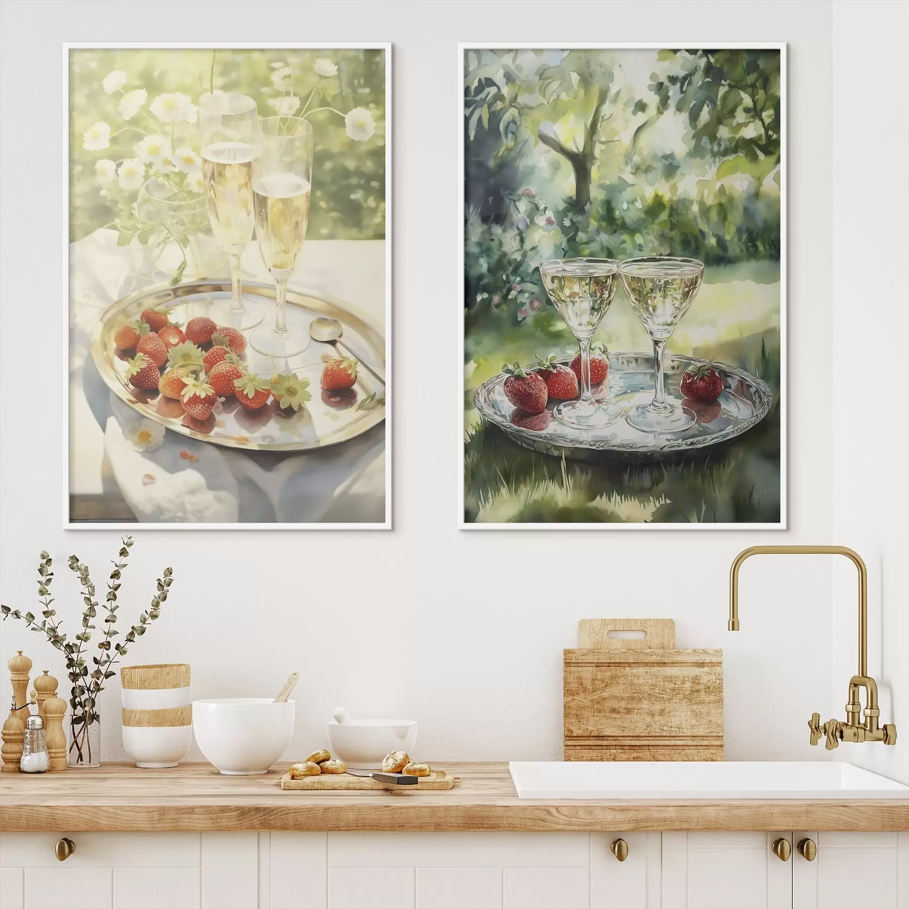 carta da parati Picnic estivo, bicchieri di champagne con fragole sul vassoio, fiori di camomilla nr. d00414