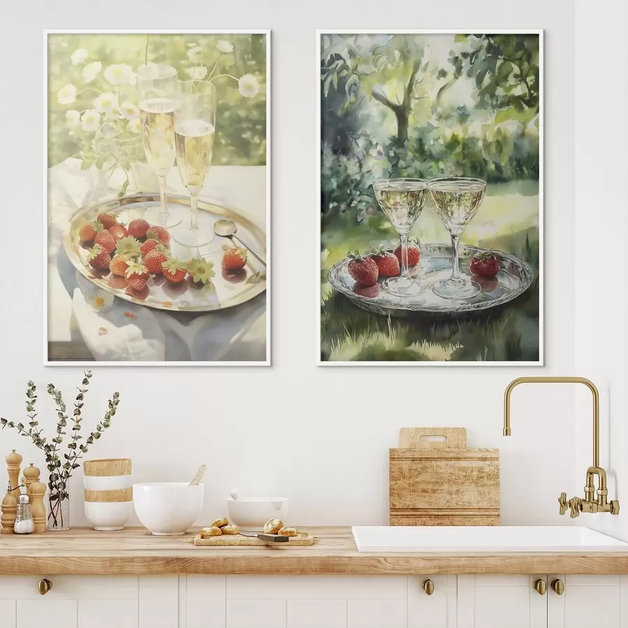 carta da parati Picnic estivo, bicchieri di champagne con fragole sul vassoio, fiori di camomilla nr. d00414