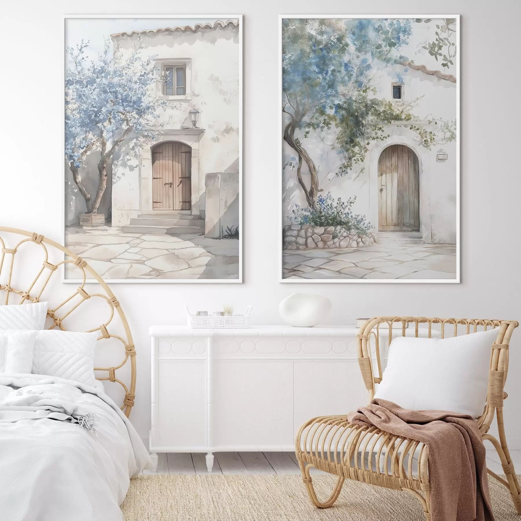 carta da parati Case bianche greche con alberi in fiore, mediterraneo, disegno in stile acquerello nr. d00419