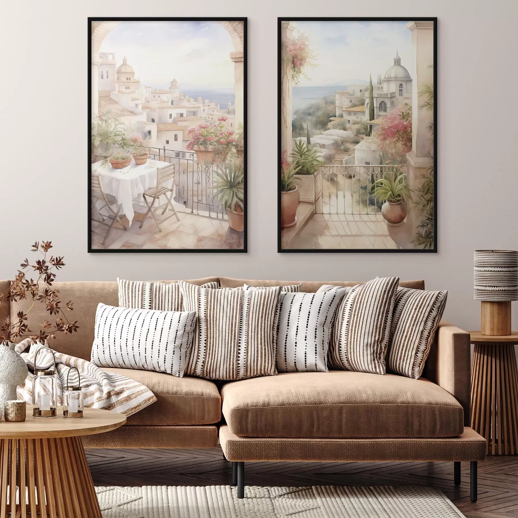 carta da parati Tramonto sul balcone, architettura, fiori in fiore, stile acquerello, Mediterraneo nr. d00420