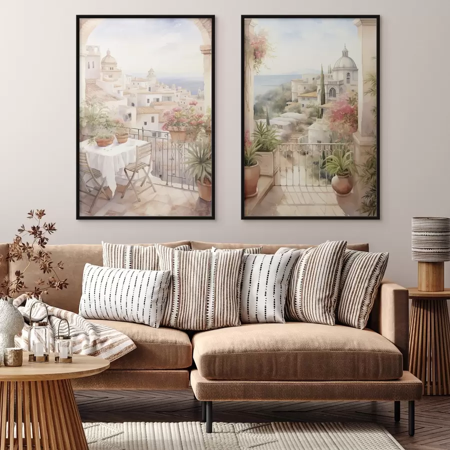 carta da parati Tramonto sul balcone, architettura, fiori in fiore, stile acquerello, Mediterraneo nr. d00420