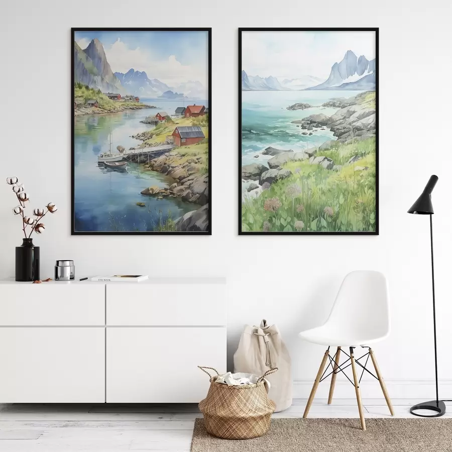 carta da parati Norvegia natura, isole Lofoten, paesaggio estivo, case rosse, montagne, imbarcazioni nr. d00421