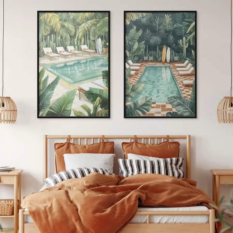 carta da parati Piscina estiva, vintage, foresta tropicale, verde, palme, stile acquerello nr. d00422