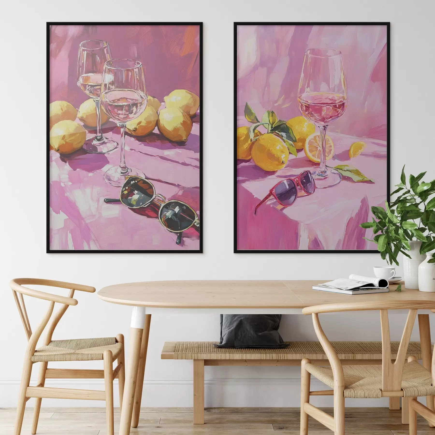 carta da parati Astrazione in stile olio con bicchieri di champagne, limoni e occhiali da sole, colori rosa nr. d00444