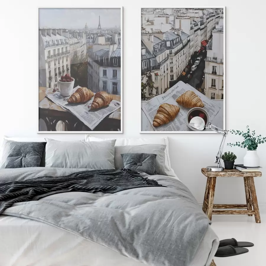 carta da parati Vista della città su un balcone a Parigi, torre Eiffel, fragole, caffè, diario nr. d00445