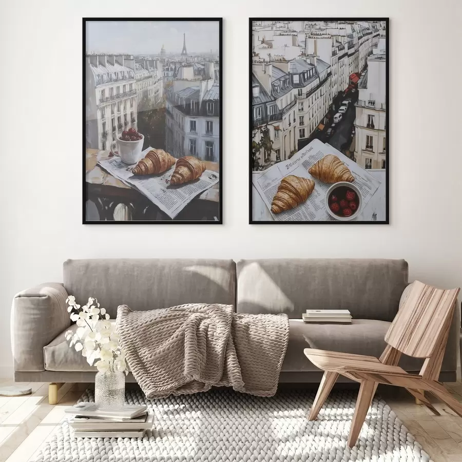 carta da parati Vista della città su un balcone a Parigi, torre Eiffel, fragole, caffè, diario nr. d00445
