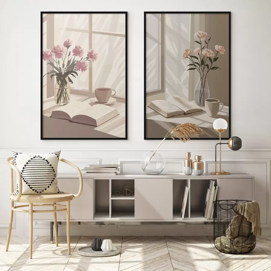 carta da parati Astrazione, estetica mattutina, tazza di caffè, libro, fiori nr. d00448