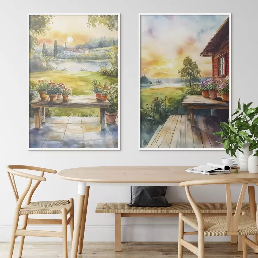 carta da parati Villaggio estivo, tramonto, rustico, fiori, lago, stile acquerello nr. d00449