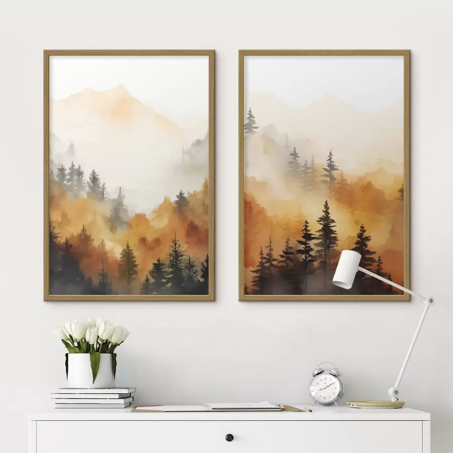 carta da parati Un paesaggio dipinto ad acquerello imitazione di una foresta con alti pini e montagne sullo sfondo nr. d00519