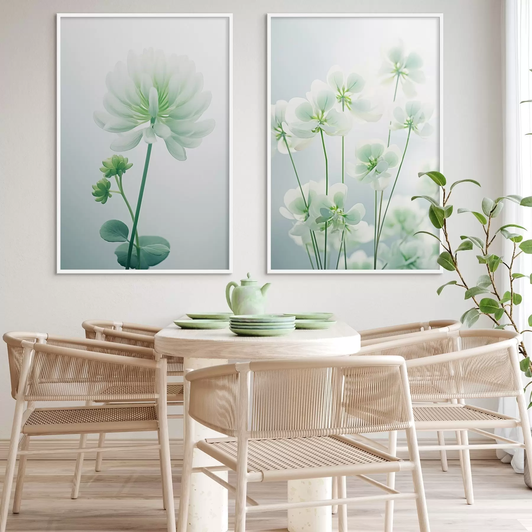carta da parati Fiori di trifoglio bianco con stelo e foglie verdi, luce soffusa, sfondo pulito, composizione minimalista, botanica nr. d00520