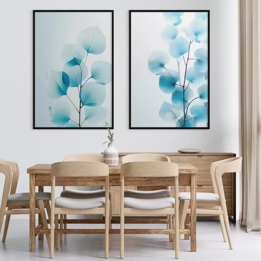 carta da parati Ramo con foglie blu traslucide, con delicate venature visibili, composizione leggera e tranquilla, estetica minimalista nr. d00522