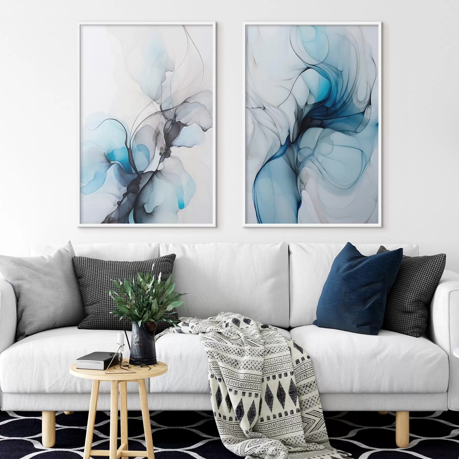 carta da parati Composizione astratta con linee fluide e petali traslucidi nei toni del blu, del bianco e del beige, imitazione di inchiostro ad alcool nr. d00523