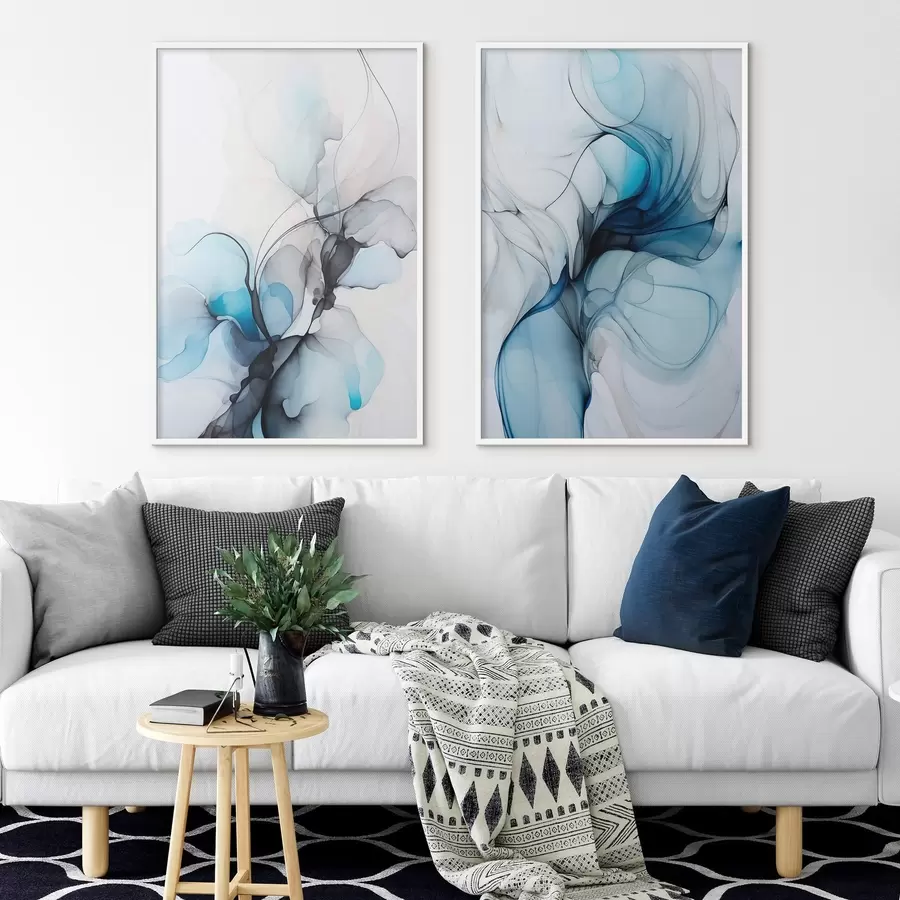 carta da parati Composizione astratta con linee fluide e petali traslucidi nei toni del blu, del bianco e del beige, imitazione di inchiostro ad alcool nr. d00523