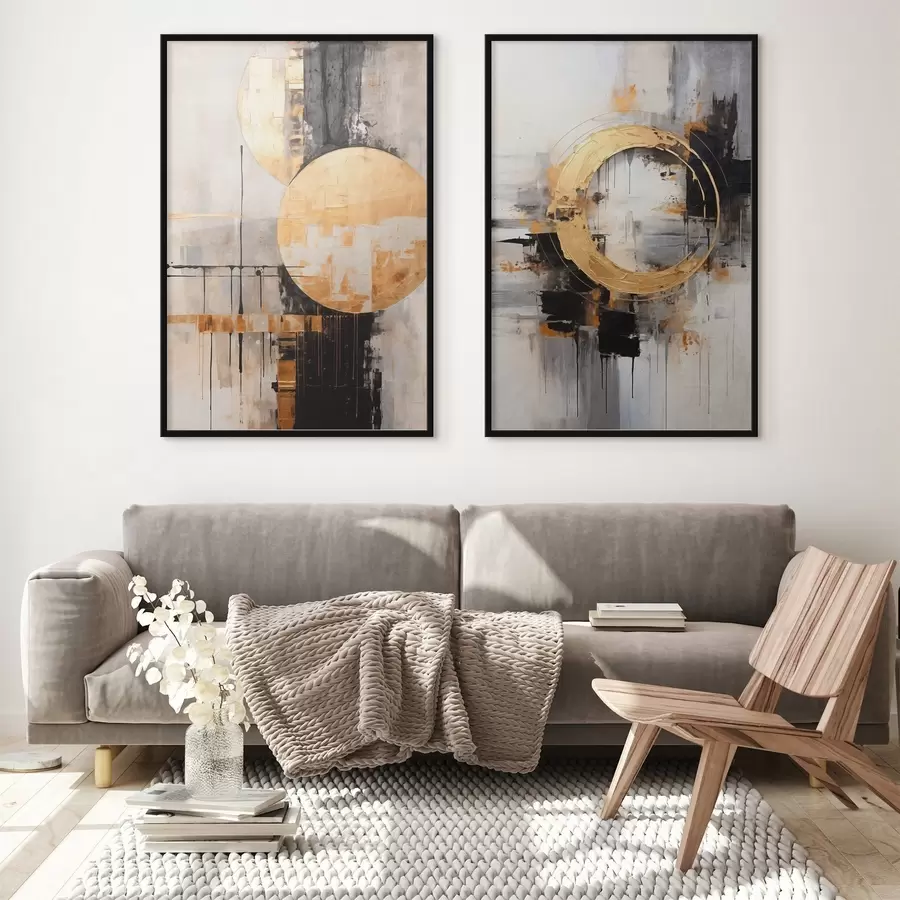 carta da parati Quadro astratto con cerchi, linee nere e gialle e uno sfondo con toni grigi e bianchi nr. d00527