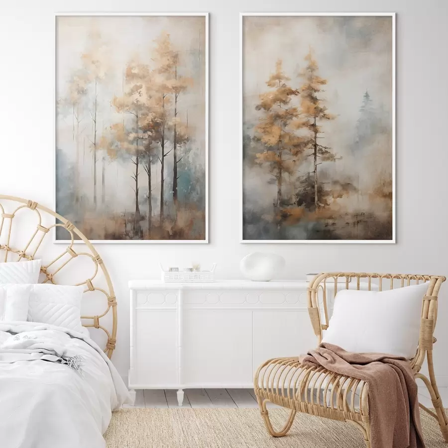 carta da parati Alberi alti e strutturati con foglie gialle in una foresta, lo sfondo è un mix di toni morbidi blu e marroni nr. d00528