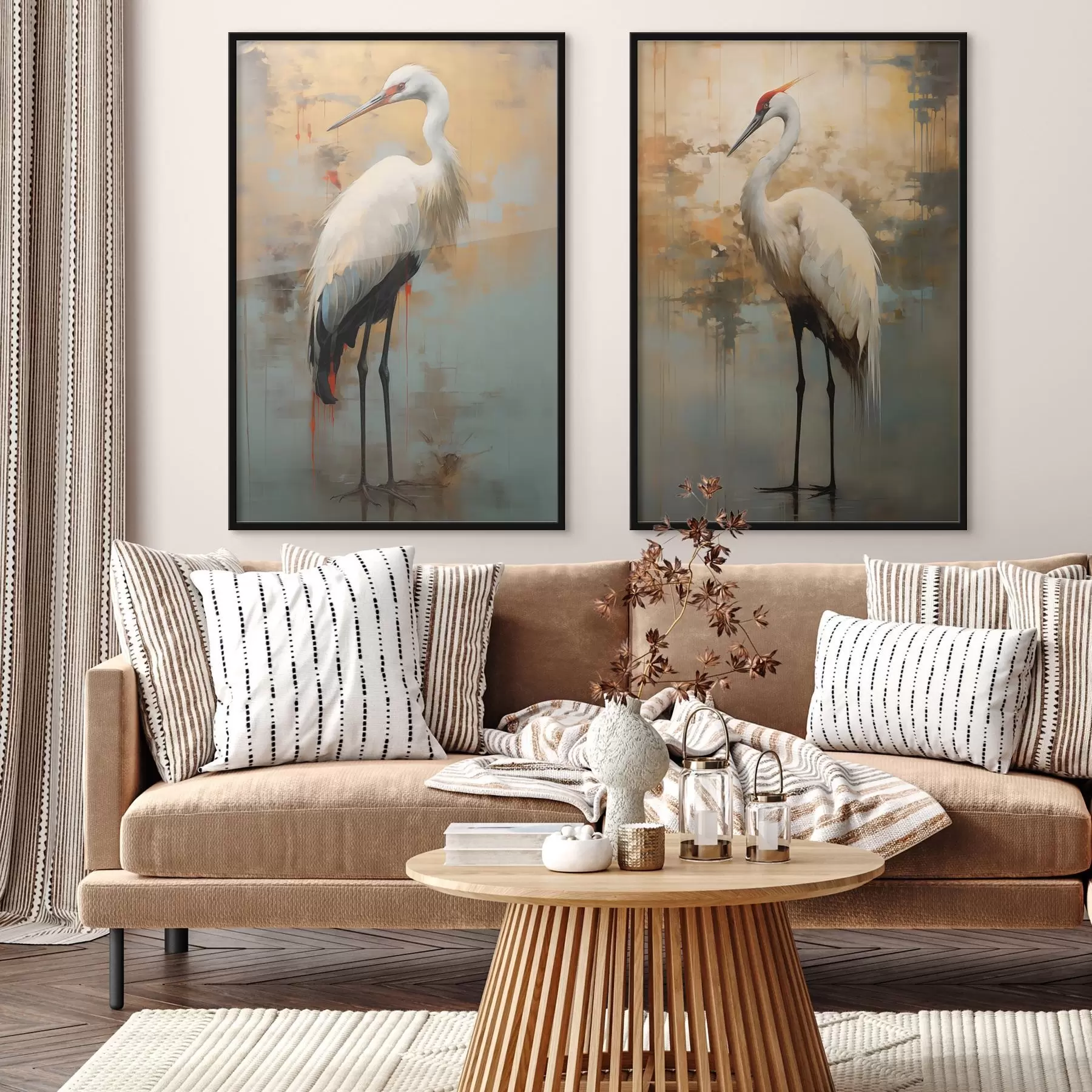 carta da parati Airone bianco su uno sfondo di sfumature gialle, marroni e blu che suggeriscono un paesaggio nebbioso e astratto nr. d00530