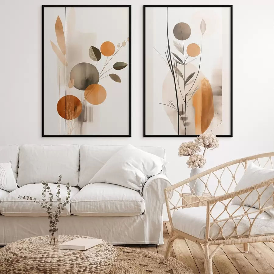 carta da parati Imitazione di pittura astratta con cerchi arancioni e grigi, foglie e rami, stile moderno, effetto acquerello nr. d01009