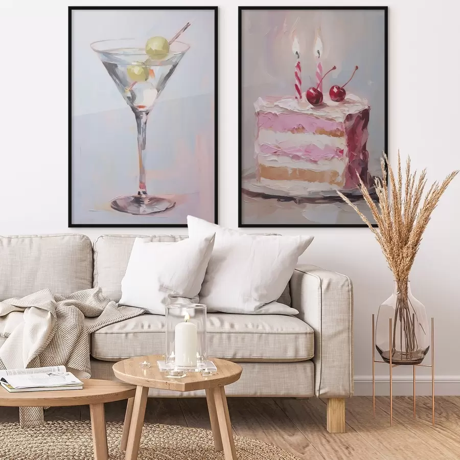 carta da parati Un bicchiere con una bevanda e un pezzo di torta dipinto in modo realistico nr. d01019