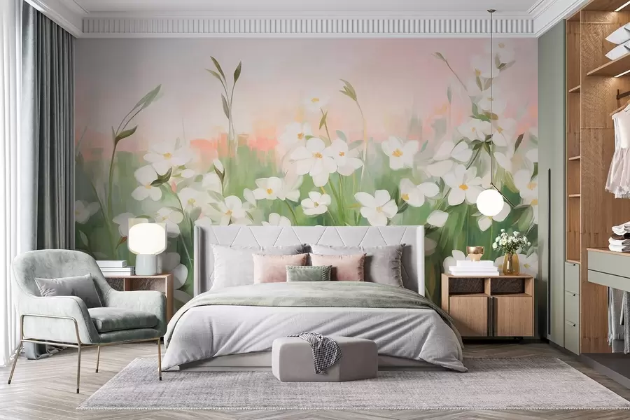 Carta da parati Floreale Campo astratto di fiori selvatici con steli e foglie verdi, su uno sfondo di cielo rosa tenue e bianco con texture. n. w09297