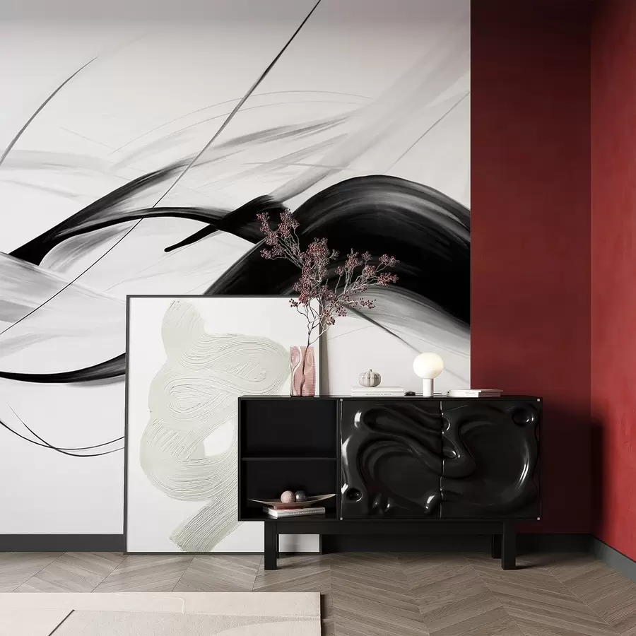 carta da parati Tratti astratti in bianco e nero con linee sottili che creano un design moderno su sfondo chiaro nr. w09605