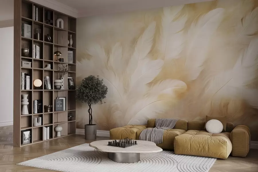 carta da parati Piume bianche e gialle dalla consistenza morbida nr. w09606