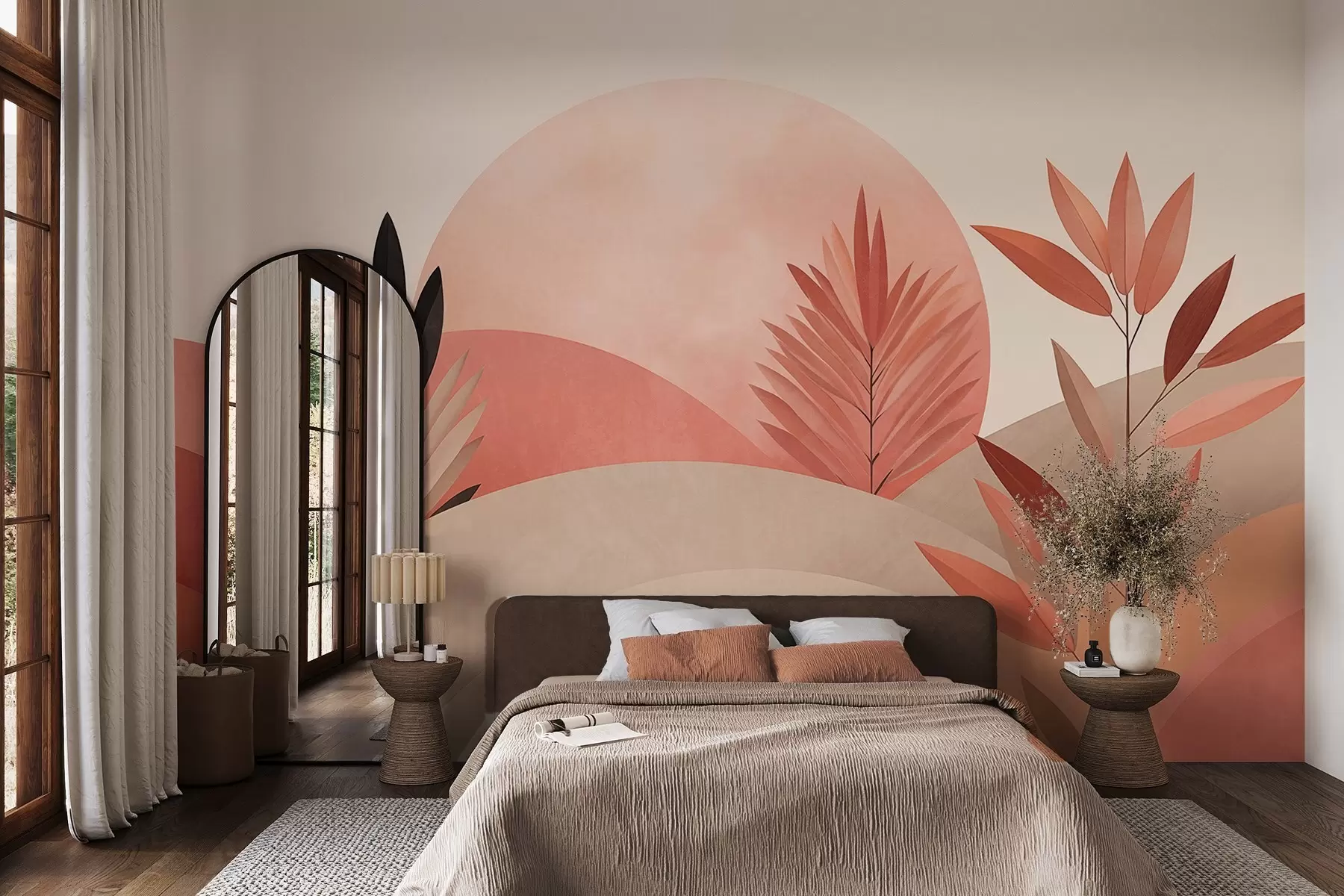 carta da parati Paesaggio boho astratto, sole dietro colline ondulate, piante in primo piano, minimalista, texture, colori tenui nr. w09608