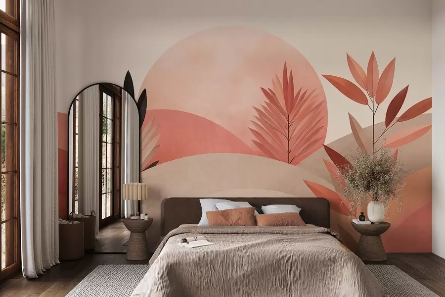 carta da parati Paesaggio boho astratto, sole dietro colline ondulate, piante in primo piano, minimalista, texture, colori tenui nr. w09608