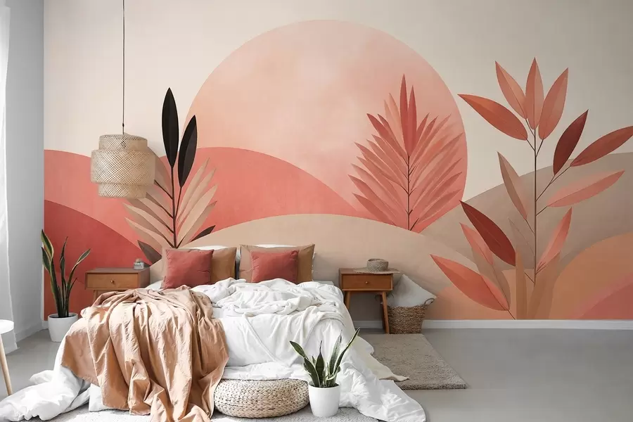 carta da parati Paesaggio boho astratto, sole dietro colline ondulate, piante in primo piano, minimalista, texture, colori tenui nr. w09608