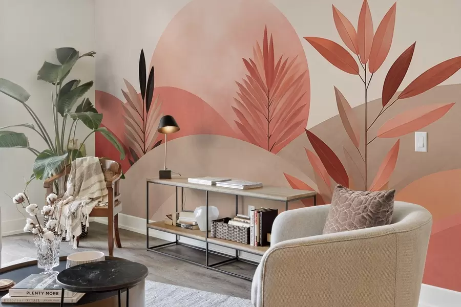 carta da parati Paesaggio boho astratto, sole dietro colline ondulate, piante in primo piano, minimalista, texture, colori tenui nr. w09608