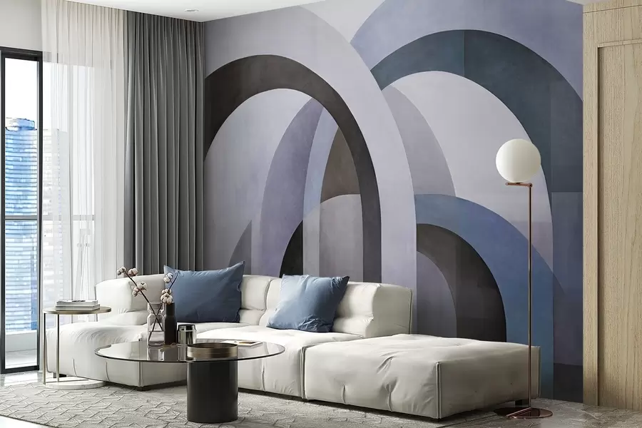 Carta da parati  Forme geometriche 3D Archi geometrici astratti con texture nei toni del blu, nero e grigio, un design architettonico moderno e stratificato.