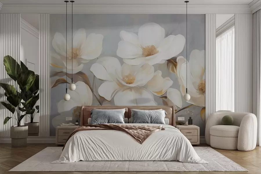 Carta da parati Floreale Una pittura materica che imita diversi fiori di magnolia bianchi su uno sfondo pastello tenue. n. w09612