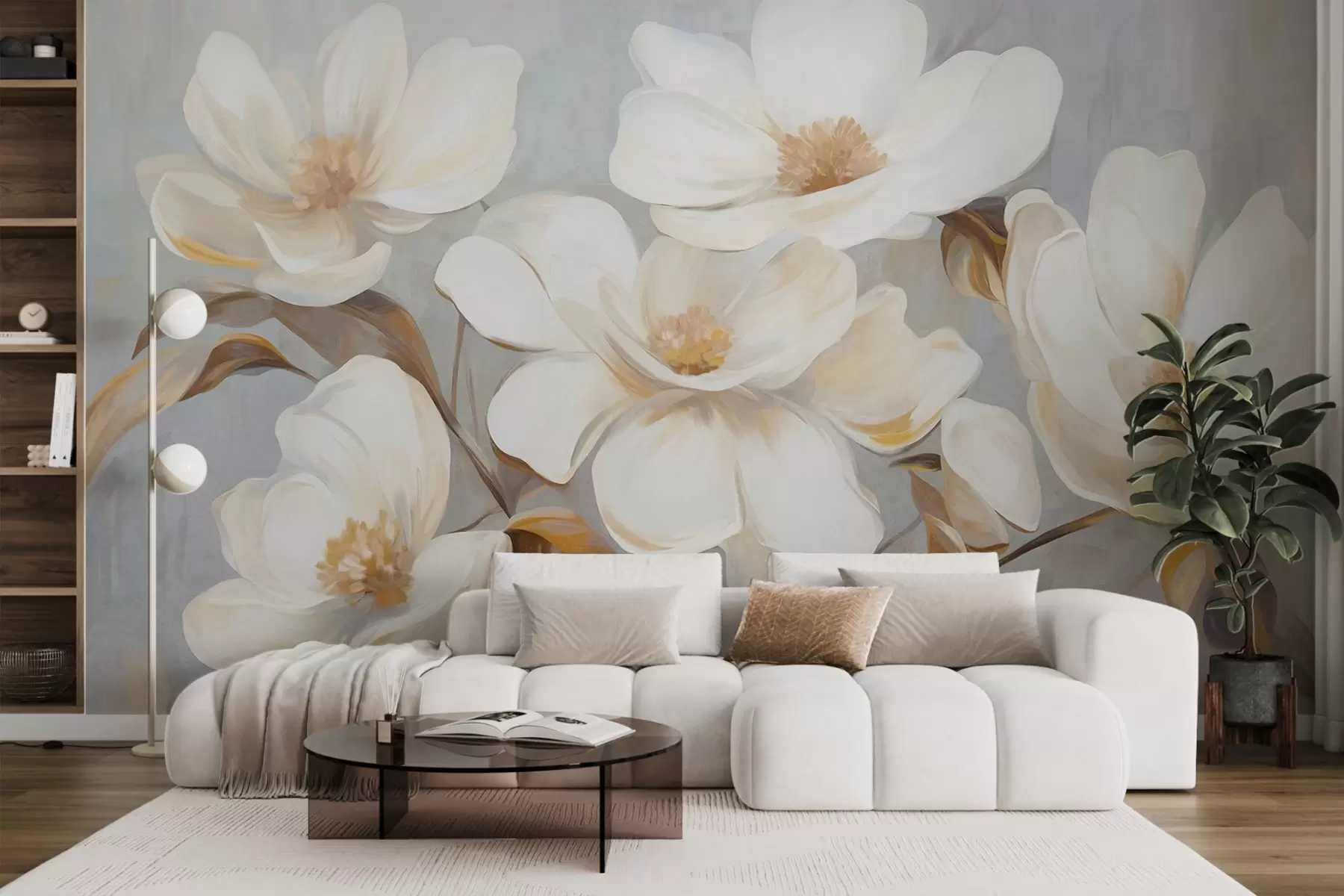 Carta da parati Floreale Una pittura materica che imita diversi fiori di magnolia bianchi su uno sfondo pastello tenue. n. w09612