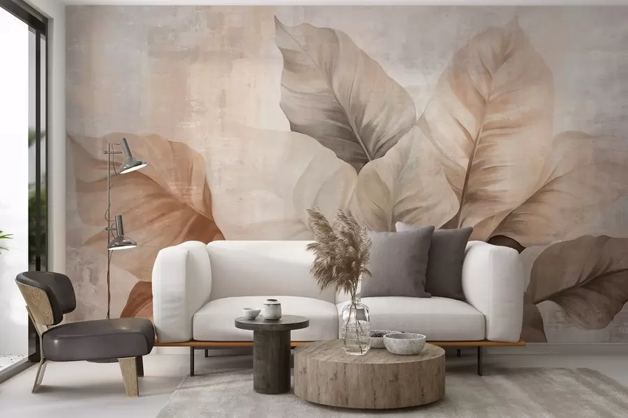 carta da parati Imitazione pittorica materica di grandi foglie marrone chiaro su sfondo neutro con pennellate sottili nr. w09614