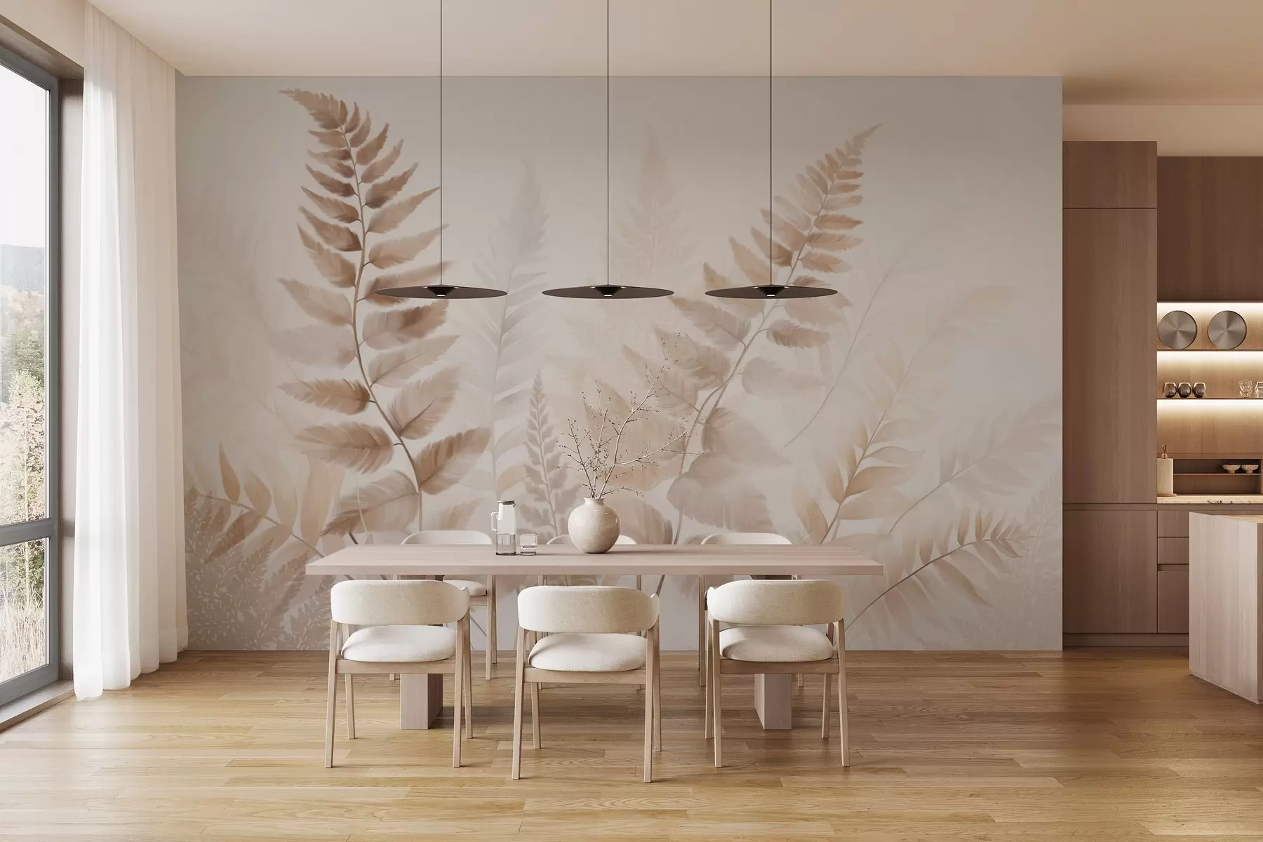 carta da parati Foglie di felce essiccate e testurizzate in varie tonalità di marrone, con uno sfondo morbido e chiaro in stile acquerello. nr. w09615