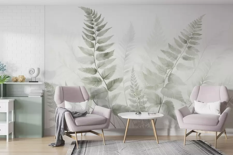 carta da parati Foglie di felce essiccate e testurizzate in varie tonalità di verde, con uno sfondo morbido e chiaro in stile acquerello. nr. w09615v1