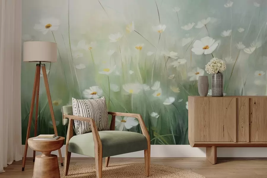 carta da parati Campo astratto di margherite bianche con erba verde e sfondo sfumato e morbido in stile pittorico nr. w09619
