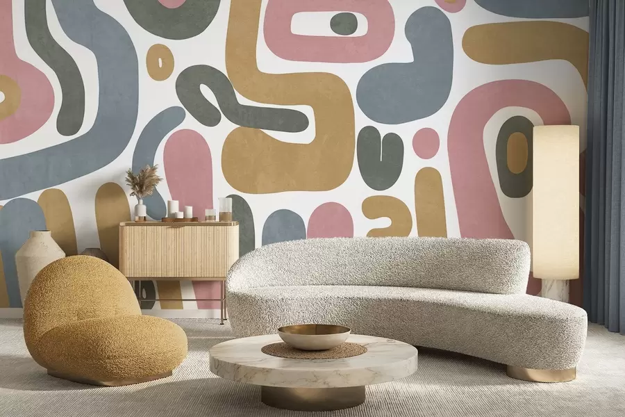 carta da parati Forme astratte con texture in rosa pastello, blu tenue, giallo senape e grigio su sfondo bianco arte moderna nr. w09620