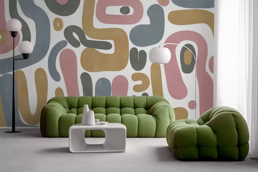 carta da parati Forme astratte con texture in rosa pastello, blu tenue, giallo senape e grigio su sfondo bianco arte moderna nr. w09620