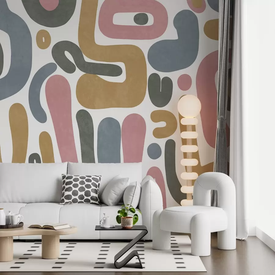 carta da parati Forme astratte con texture in rosa pastello, blu tenue, giallo senape e grigio su sfondo bianco arte moderna nr. w09620