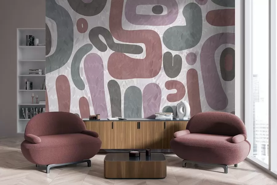 carta da parati Forme astratte con texture in tonalità tenui di rosa, verde e grigio, su uno sfondo con texture arte moderna nr. w09622