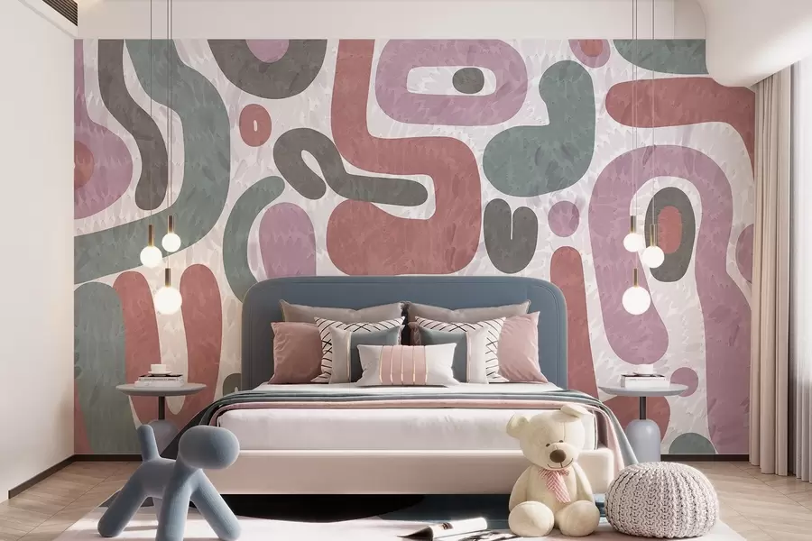 carta da parati Forme astratte con texture in tonalità tenui di rosa, verde e grigio, su uno sfondo con texture arte moderna nr. w09622