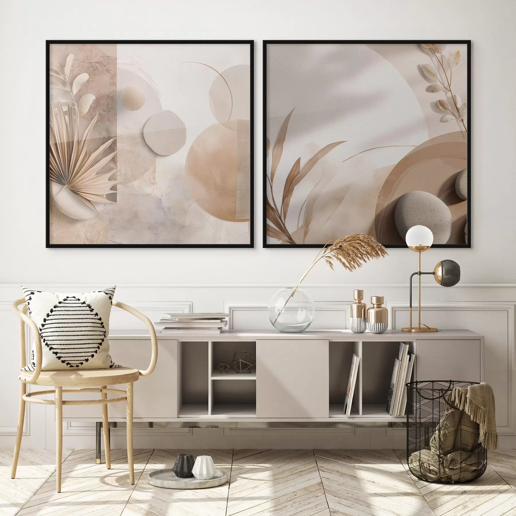 carta da parati Due tele con foglie secche e forme materiche nr. d00893