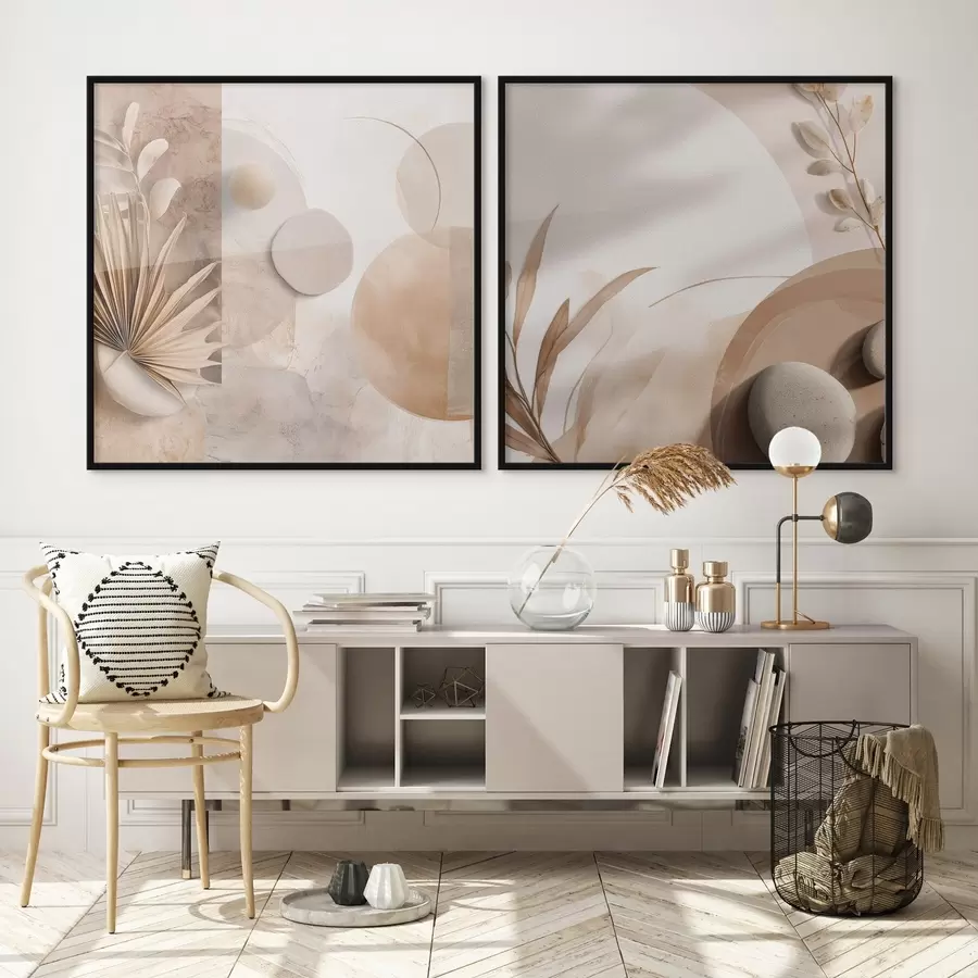 carta da parati Due tele con foglie secche e forme materiche nr. d00893