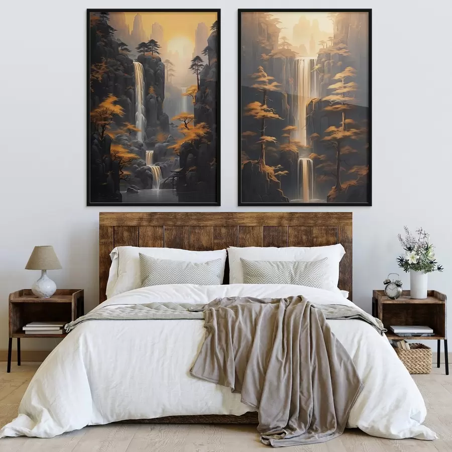 carta da parati Paesaggio con cascata e montagne nella luce dorata nr. d00928