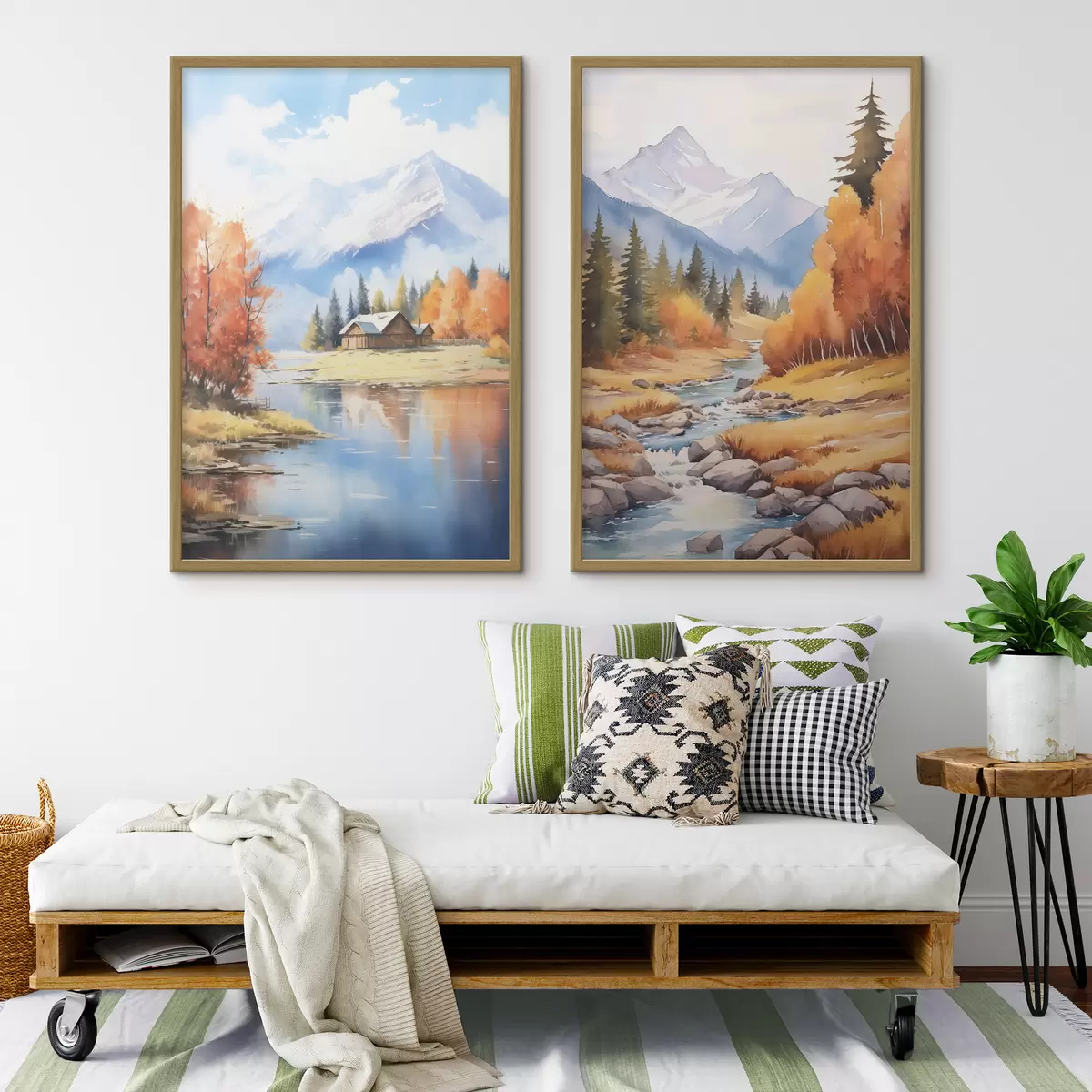 Poster Paesaggio montano autunnale con lago e fiume d00929