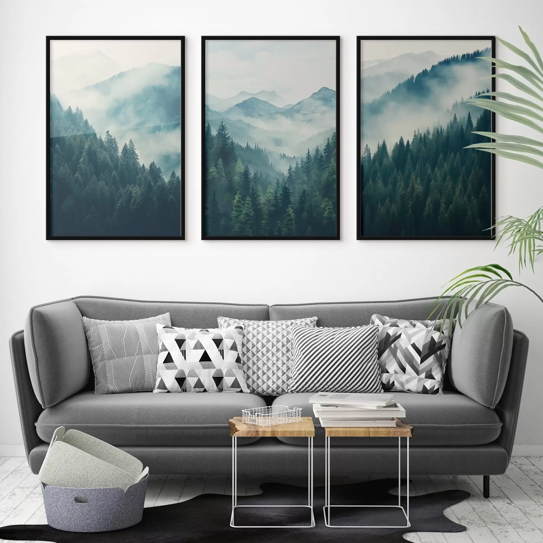 carta da parati Montagne di pini avvolte nella nebbia, ricoperte da morbide sfumature di verde e blu nr. d00964