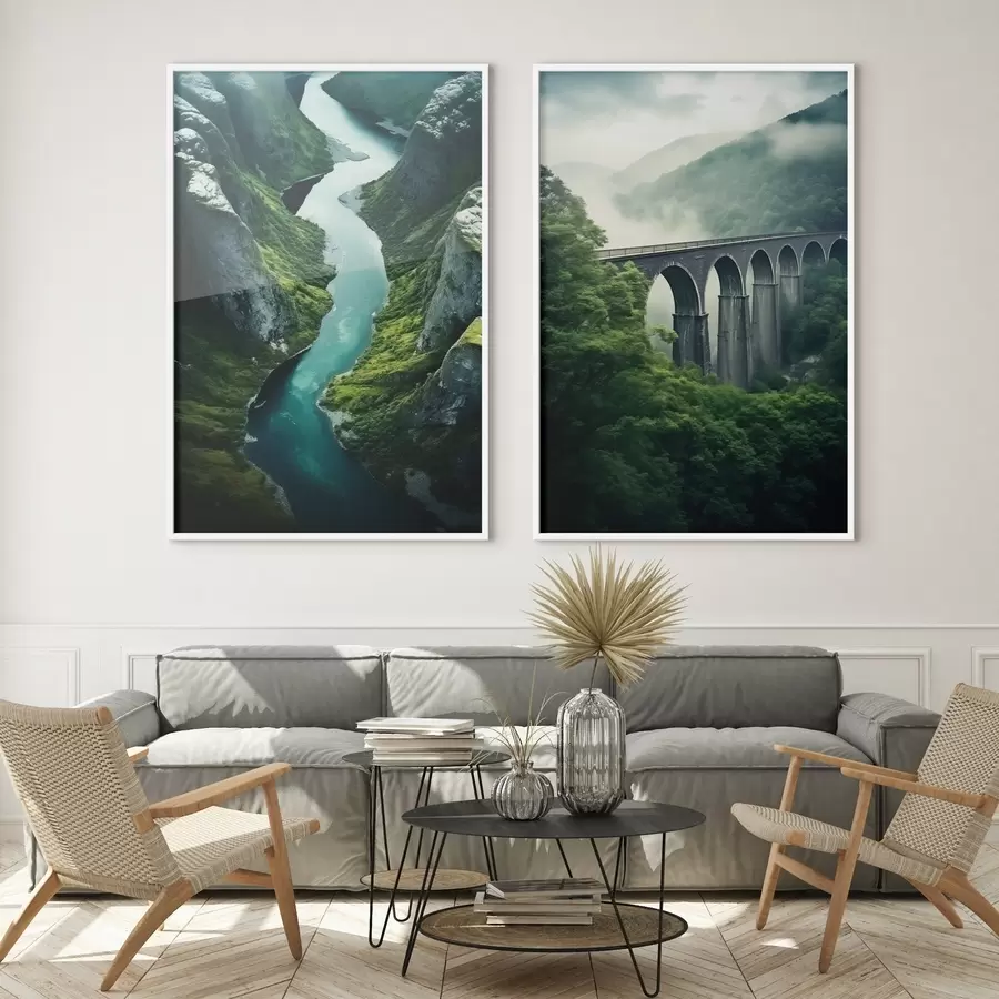 carta da parati Canyon fluviale aereo e viadotto nebbioso tra verdi colline nr. d00967