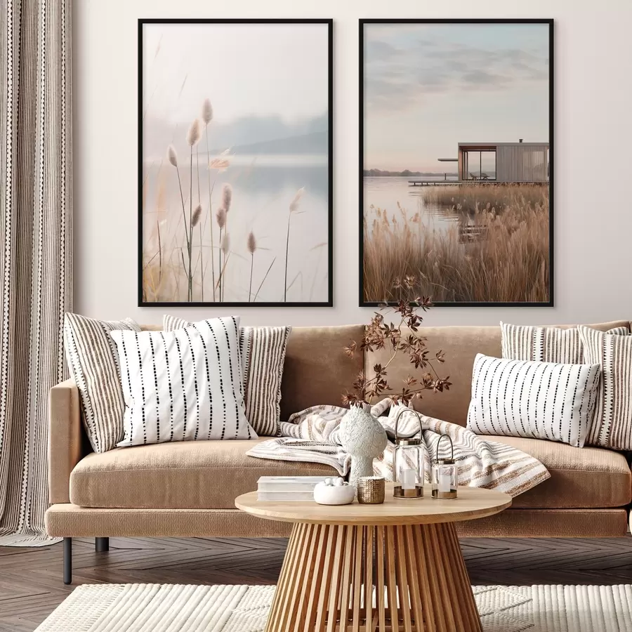 carta da parati Canne morbide su un lago tranquillo e una moderna capanna sulla riva nr. d00970