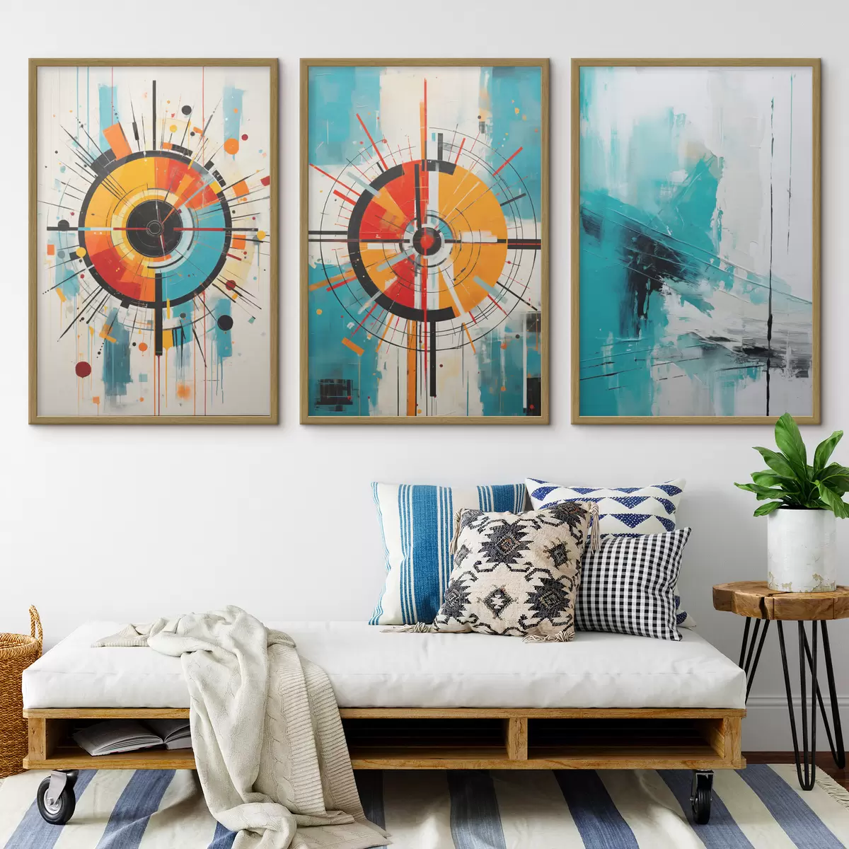 Poster Astratto radiale con esplosioni di verde acqua e arancione d00973