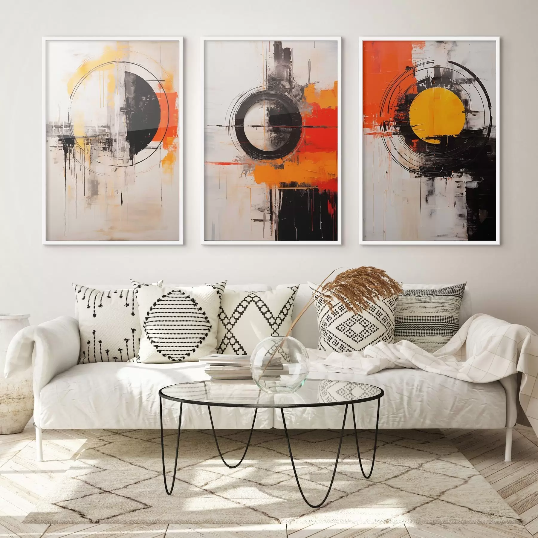 carta da parati Cerchi strutturati e tratti decisi in nero, ocra, arancione nr. d00974